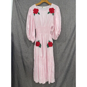 Fanm Mon Pink Linen Dress Sz S Pockets Balloon Sleeve Valentine Bridal Girly NEW